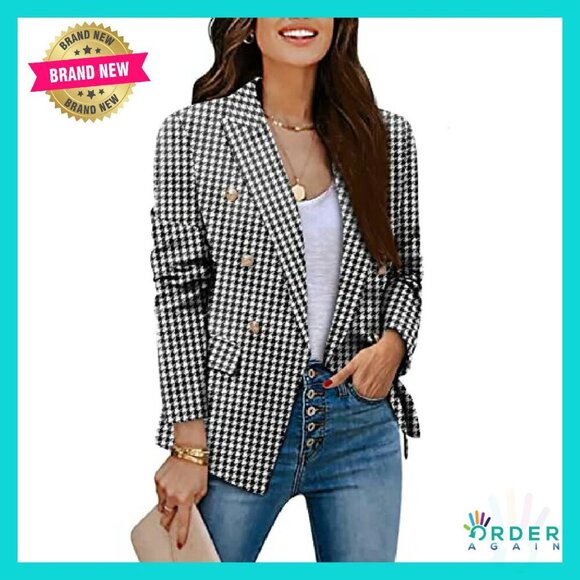 Long Sleeve Blazer Jacket Gold Button Open Front Work Office Chic Elegant - Picture 3 of 6